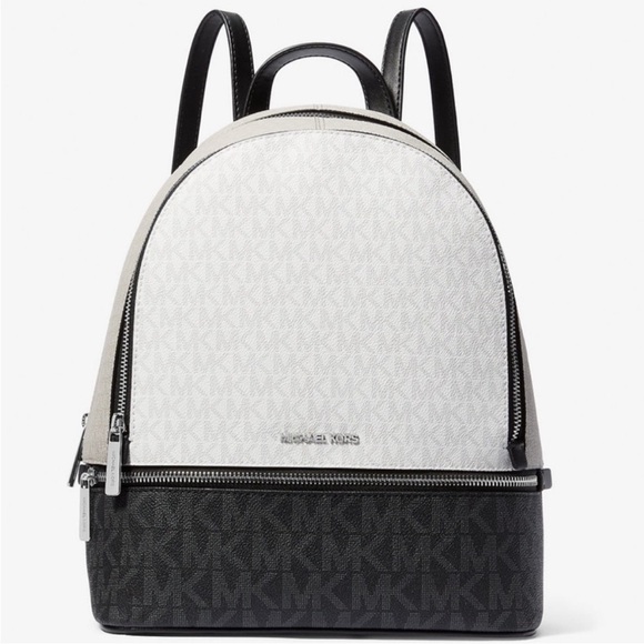 Michael Kors Rhea Medium Color-Block Signature Logo Backpack Optic White Multi - Picture 1 of 8